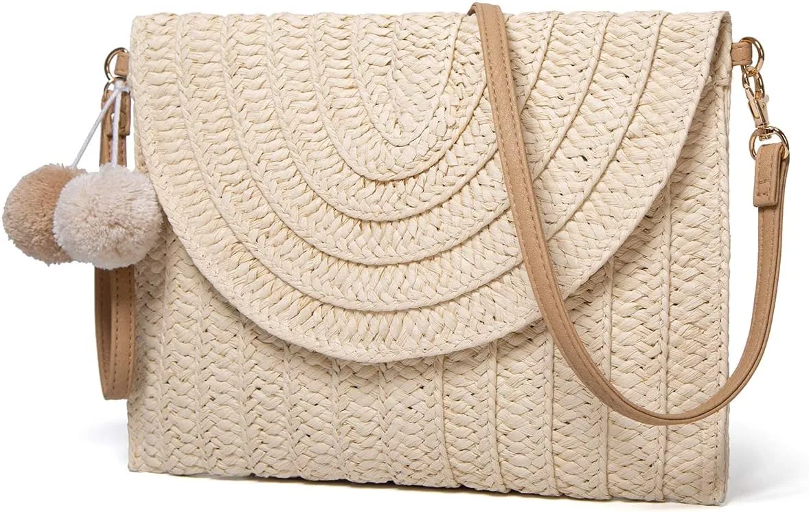 Straw Clutch Women Hand-woven PomPom Crossbody Bag Summer Beach Envelope Purse Wallet