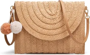 Straw Clutch Women Hand-woven PomPom Crossbody Bag Summer Beach Envelope Purse Wallet