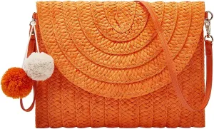 Straw Clutch Women Hand-woven PomPom Crossbody Bag Summer Beach Envelope Purse Wallet
