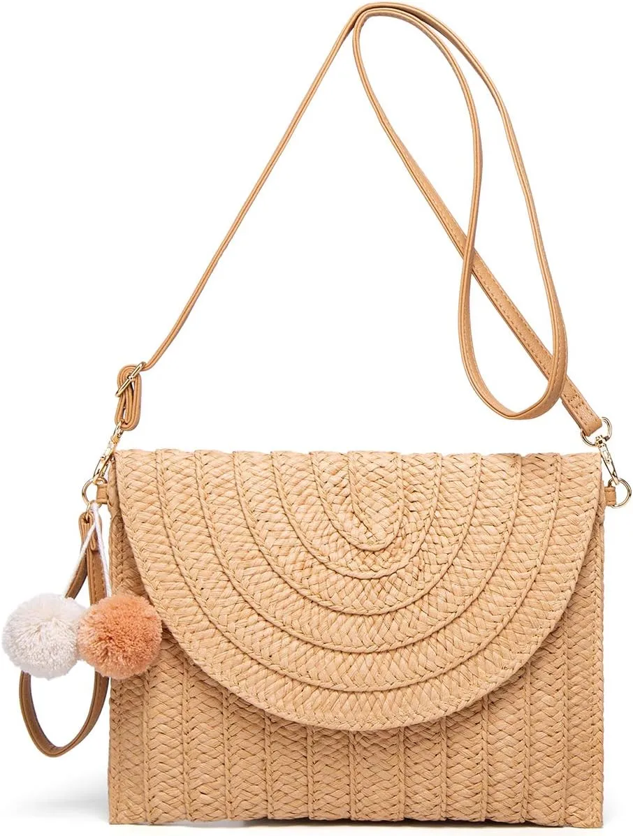 Straw Clutch Women Hand-woven PomPom Crossbody Bag Summer Beach Envelope Purse Wallet
