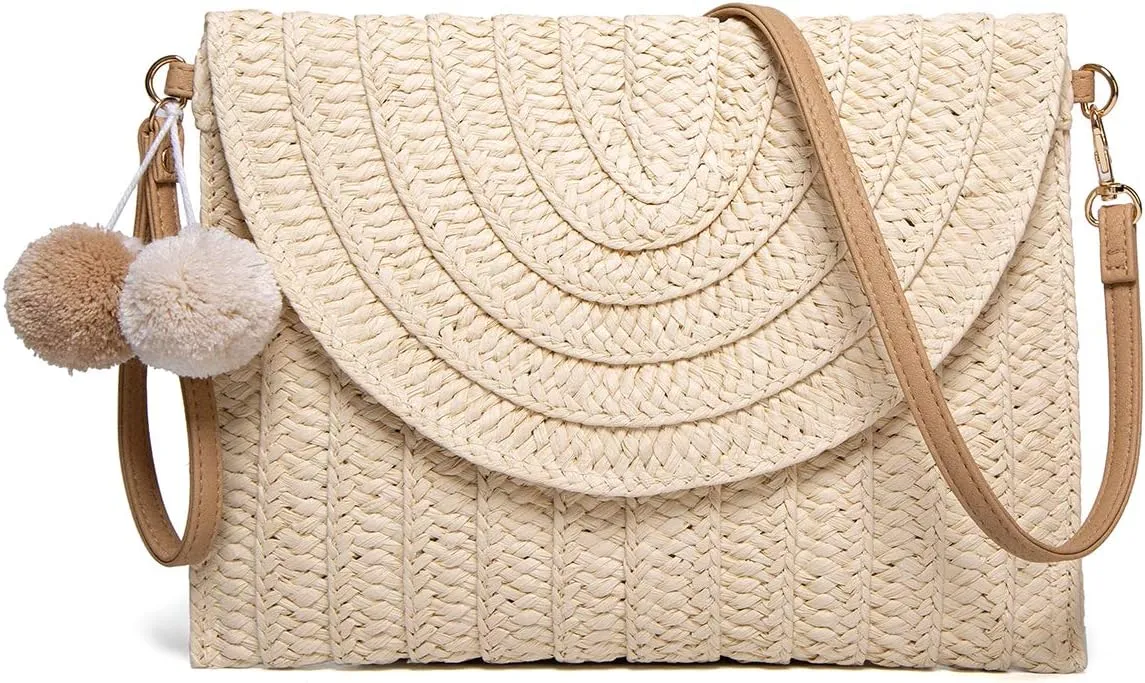 Straw Clutch Women Hand-woven PomPom Crossbody Bag Summer Beach Envelope Purse Wallet