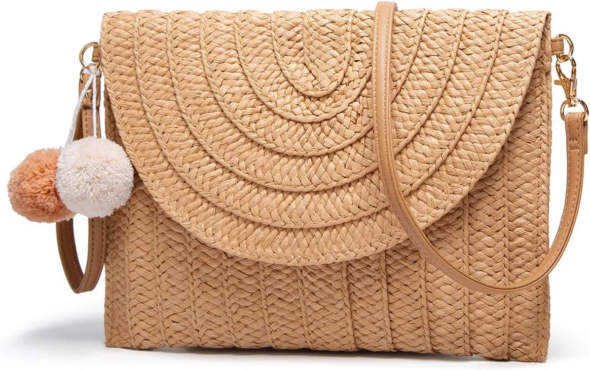 Straw Clutch Women Hand-woven PomPom Crossbody Bag Summer Beach Envelope Purse Wallet