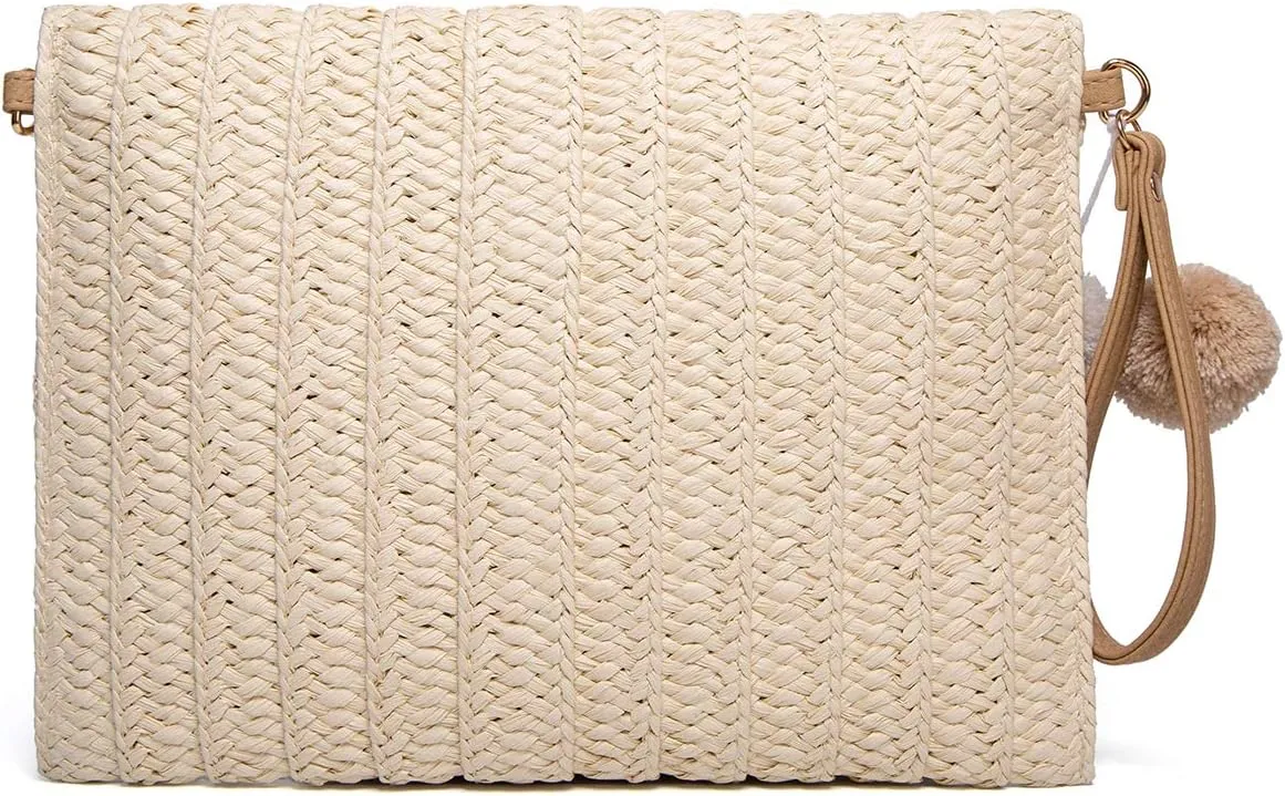 Straw Clutch Women Hand-woven PomPom Crossbody Bag Summer Beach Envelope Purse Wallet