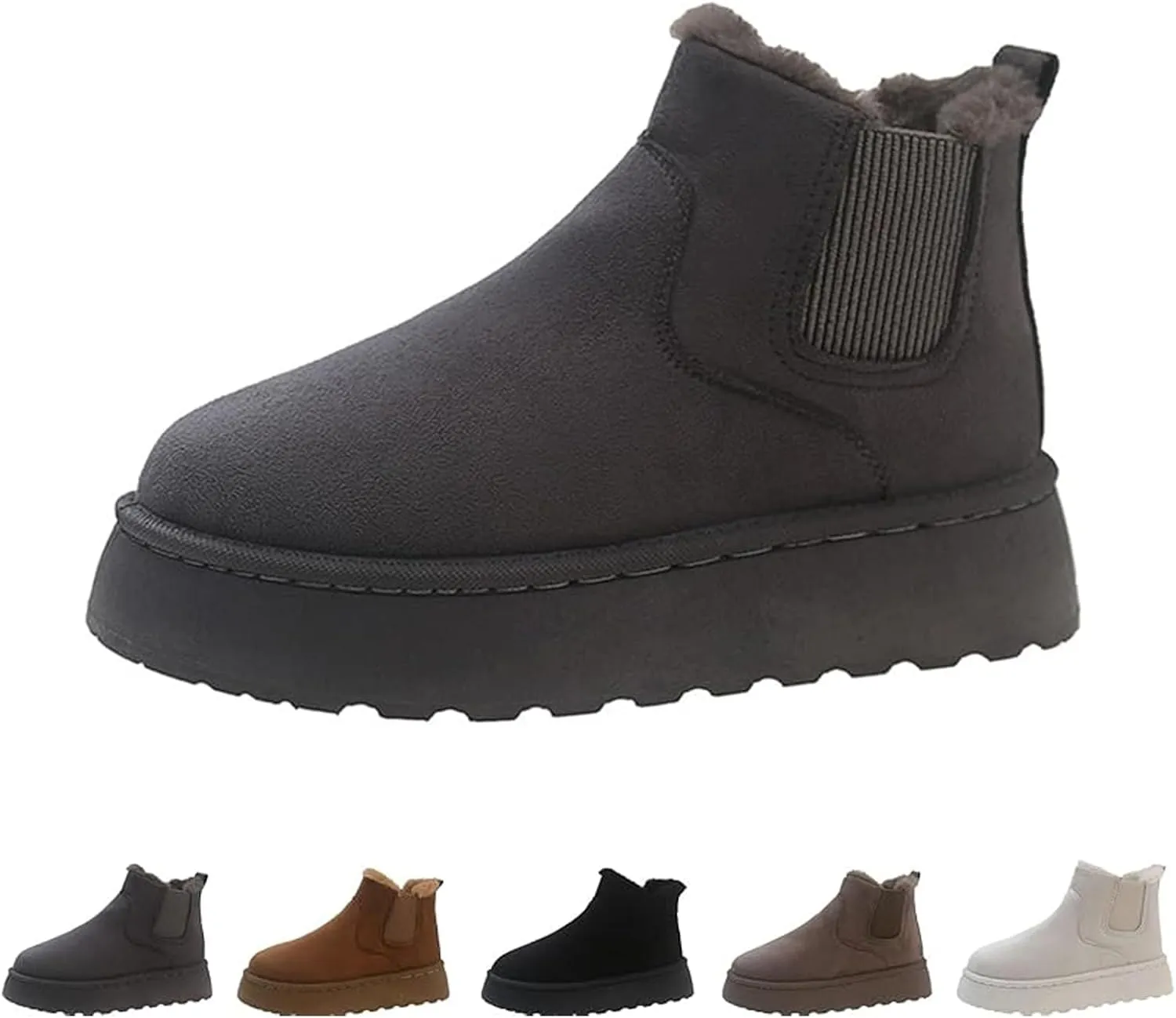 Suede Platform Snow Boots for Women, AirCloudies Warm Fur Lined Winter Slip-On Thick-Soled Ankle Booties