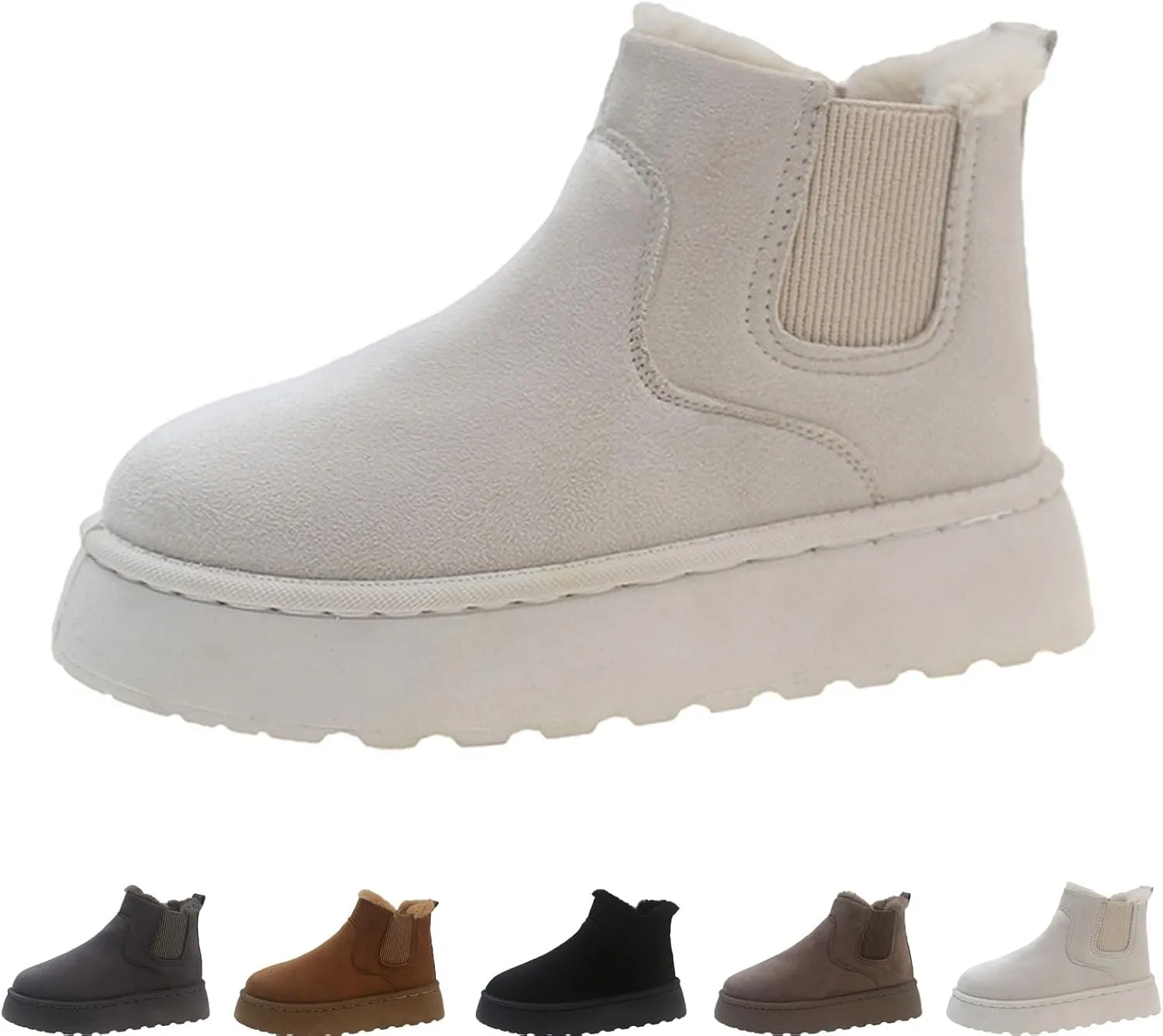 Suede Platform Snow Boots for Women, AirCloudies Warm Fur Lined Winter Slip-On Thick-Soled Ankle Booties
