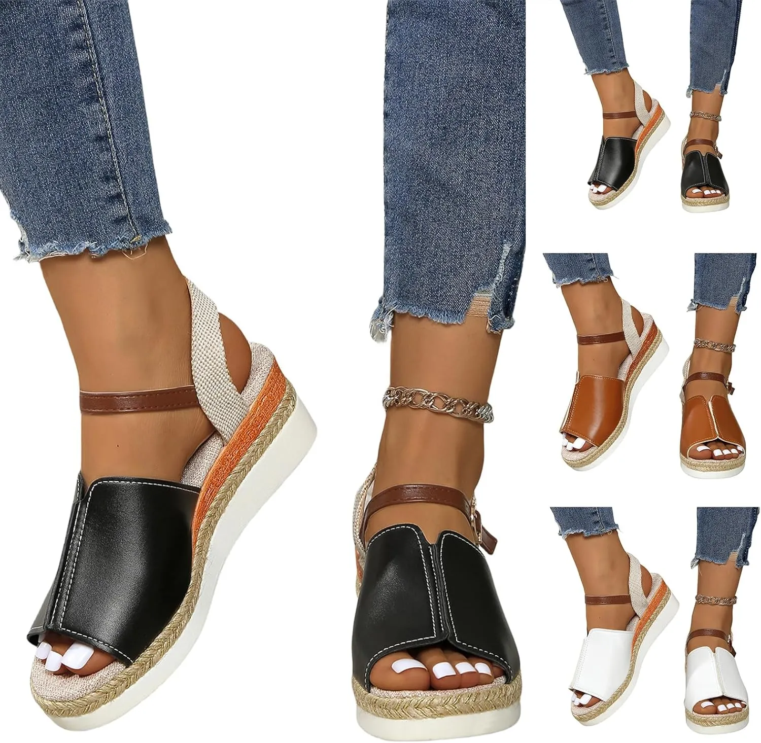 Summer Wedge Sandals for Women Open Toe Ankle Strap Buckle Casual Flatform Espadrille Sandals Comfort Concise Leather Walking Shoes