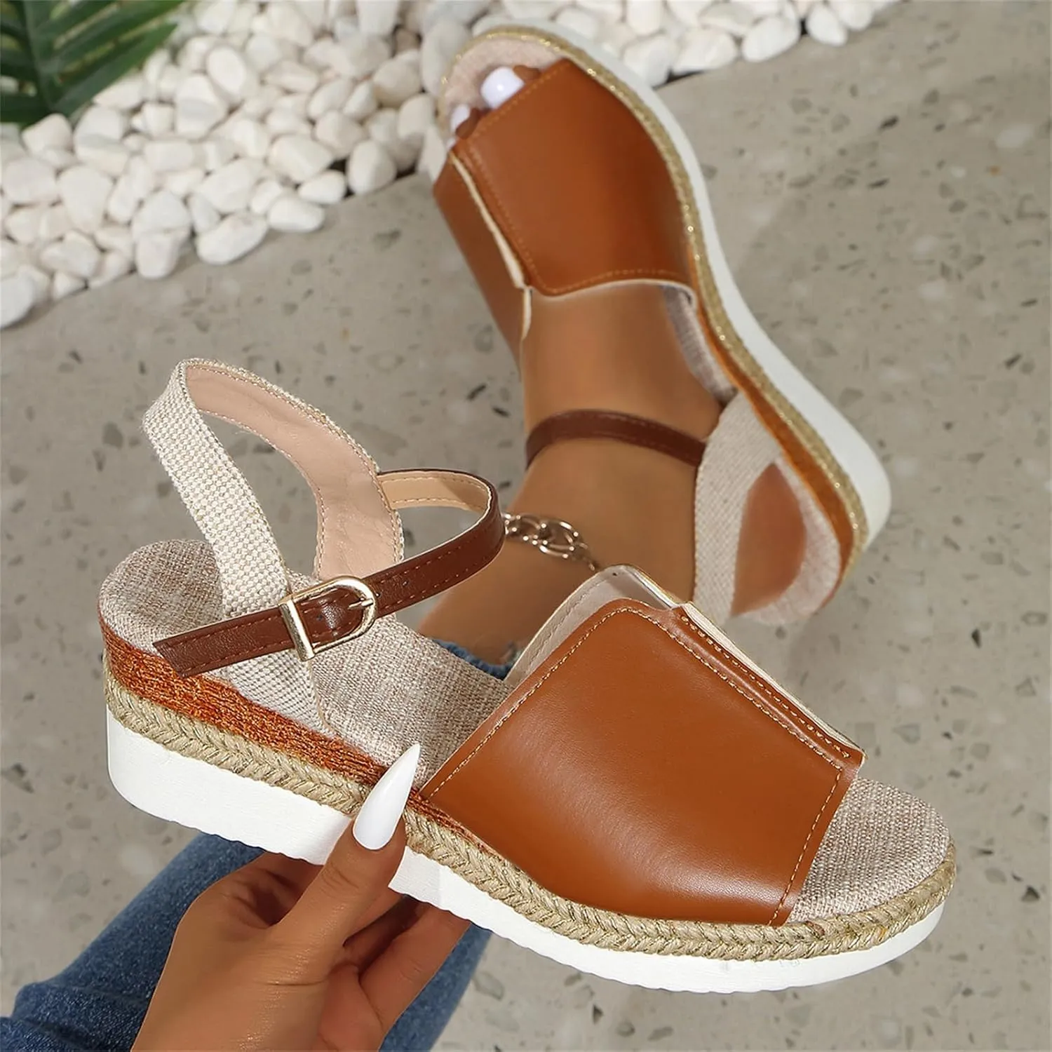 Summer Wedge Sandals for Women Open Toe Ankle Strap Buckle Casual Flatform Espadrille Sandals Comfort Concise Leather Walking Shoes