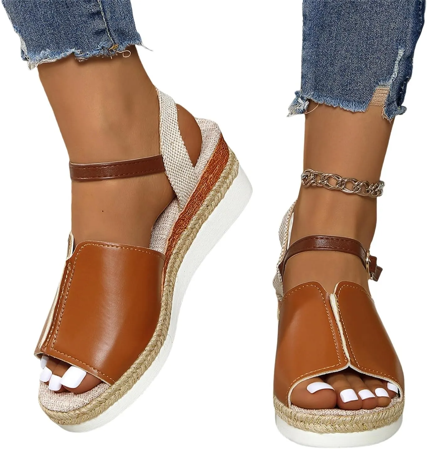 Summer Wedge Sandals for Women Open Toe Ankle Strap Buckle Casual Flatform Espadrille Sandals Comfort Concise Leather Walking Shoes