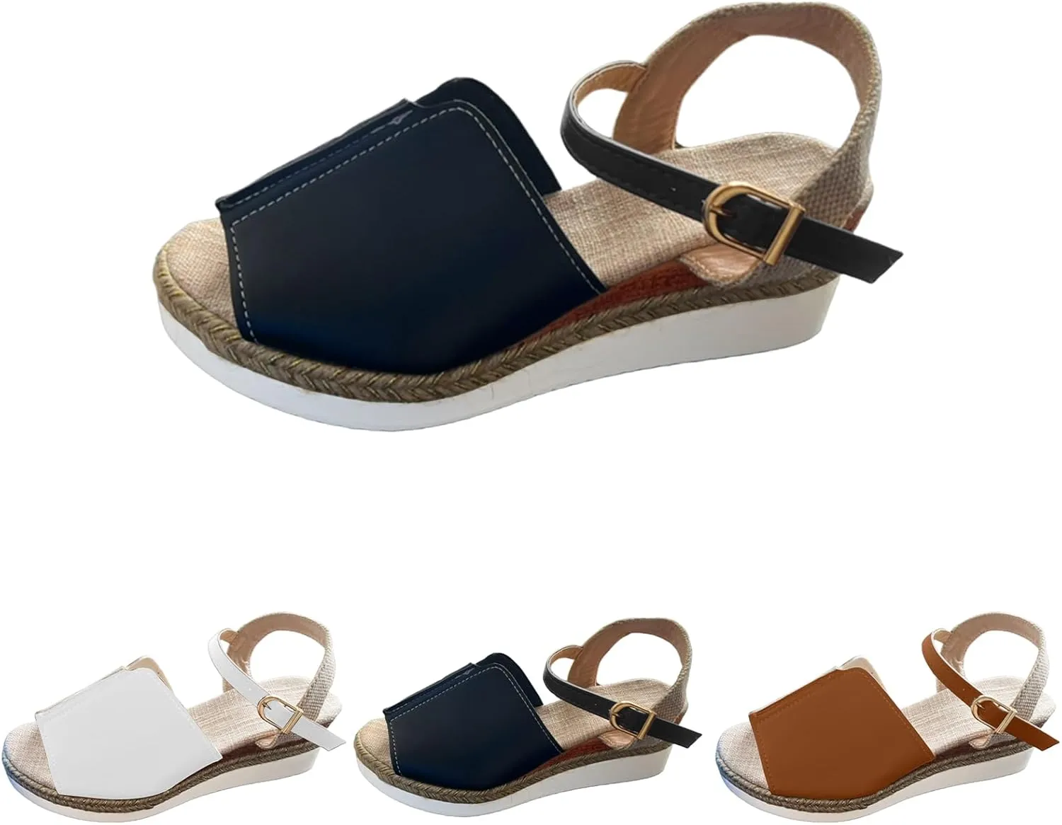 Summer Wedge Sandals for Women Open Toe Ankle Strap Buckle Casual Flatform Espadrille Sandals Comfort Concise Leather Walking Shoes