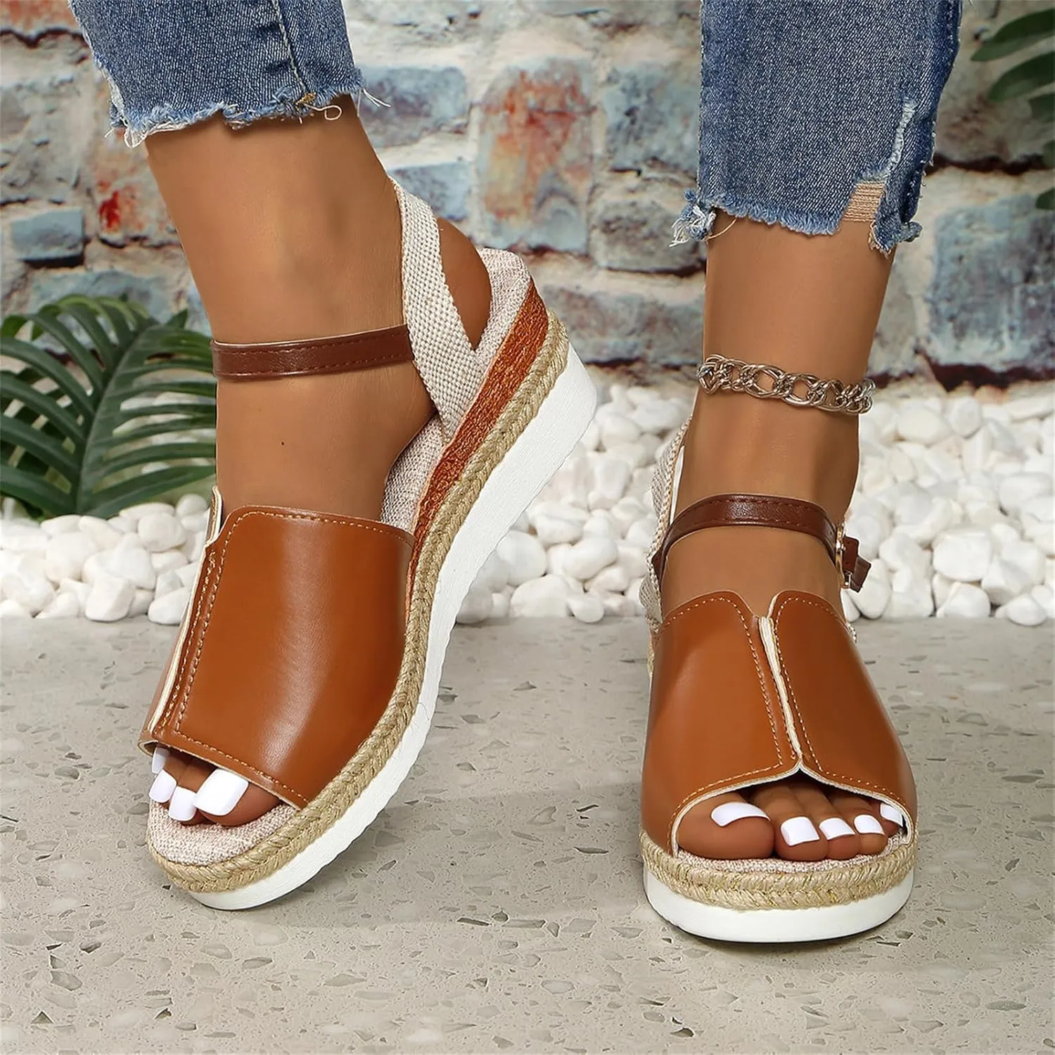 Summer Wedge Sandals for Women Open Toe Ankle Strap Buckle Casual Flatform Espadrille Sandals Comfort Concise Leather Walking Shoes