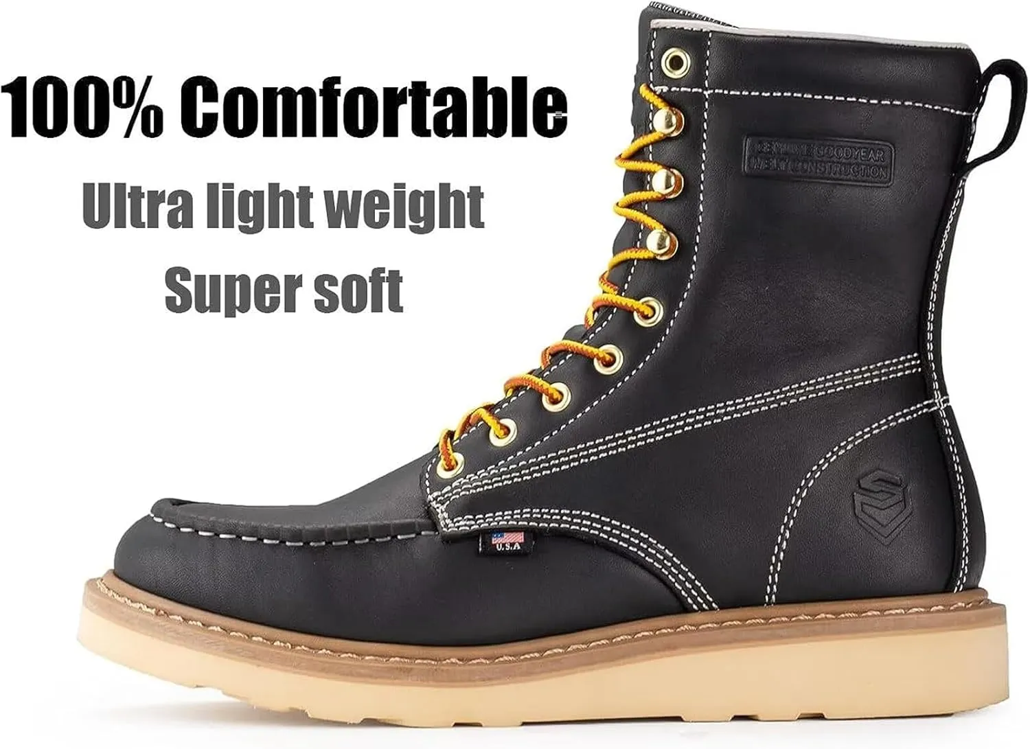 SUREWAY Mens 8 in Wedge Moc Soft/Steel Toe Work Boots for Men,Full-Grain Leather,Goodyear Welt,EH,Safety Industrial Construction Boots/Shoes for Women