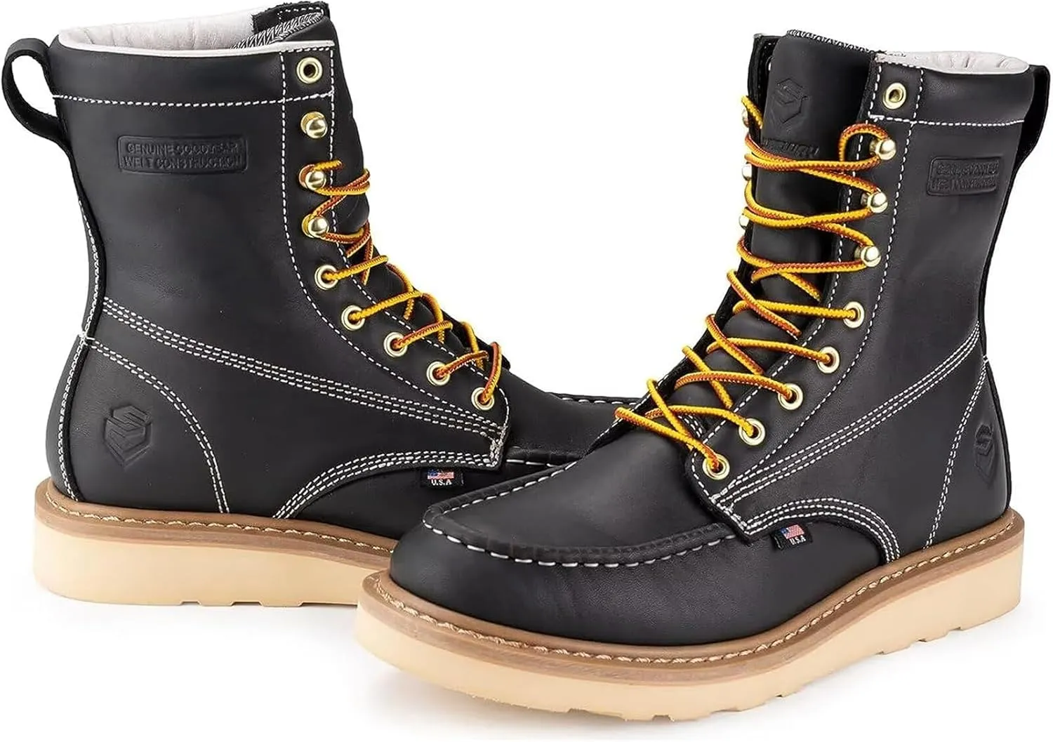 SUREWAY Mens 8 in Wedge Moc Soft/Steel Toe Work Boots for Men,Full-Grain Leather,Goodyear Welt,EH,Safety Industrial Construction Boots/Shoes for Women