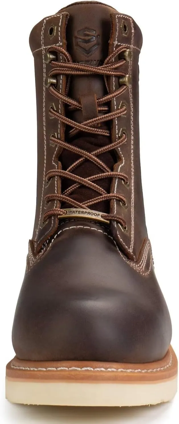 SUREWAY Mens 8 in Wedge Moc Soft/Steel Toe Work Boots for Men,Full-Grain Leather,Goodyear Welt,EH,Safety Industrial Construction Boots/Shoes for Women