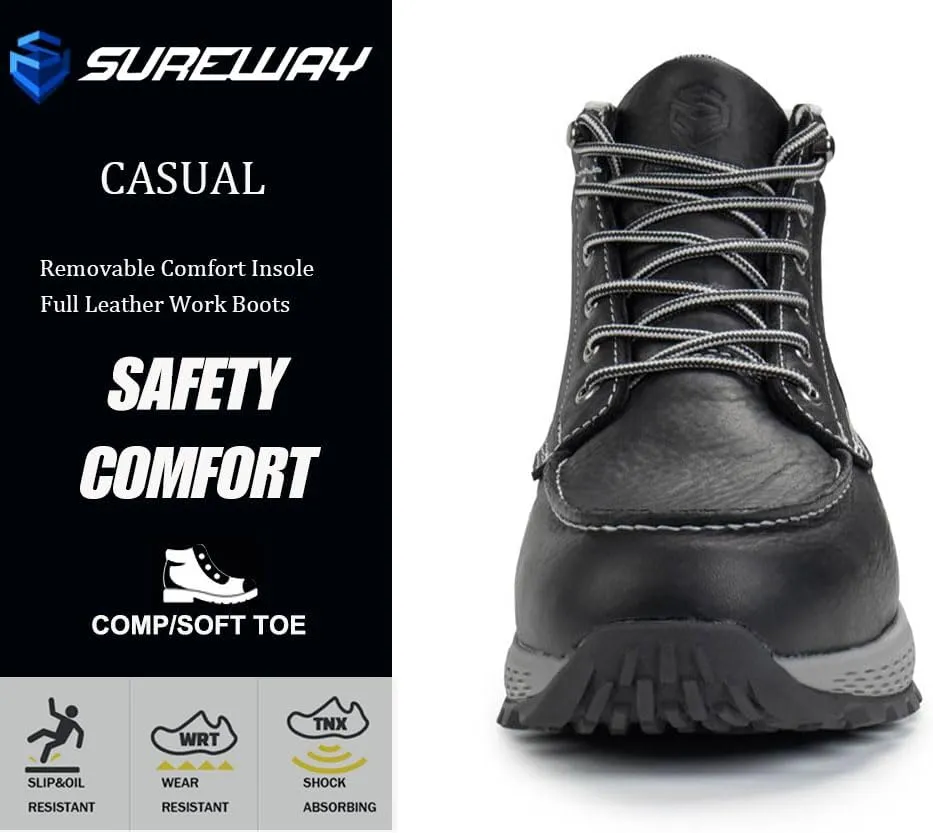 SUREWAY Men's Lightweight Casual Soft Toe Work Boot - Moc Toe, Men's Construction Industry Safety Wedge Work Boot/Shoe - Black, Comfort Insole, Superior Oil/Slip Resistance