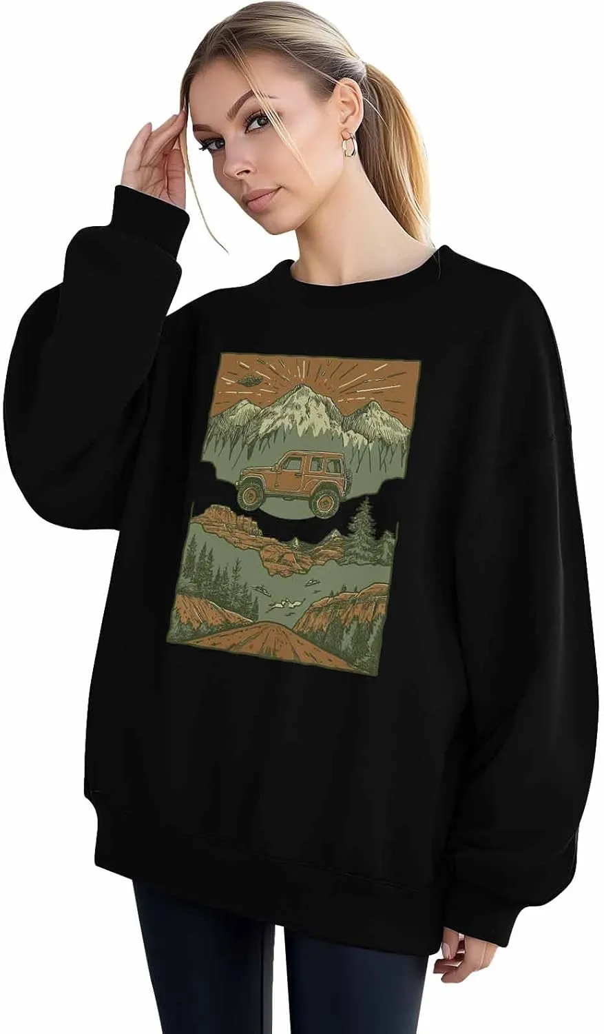 Sweatshirt for Women Forest Off-road Retro Car Graphic Womens Sweatshirt Crewneck Long Sleeve Pullover Clothes