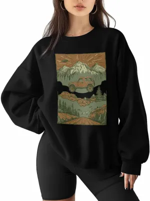 Sweatshirt for Women Forest Off-road Retro Car Graphic Womens Sweatshirt Crewneck Long Sleeve Pullover Clothes