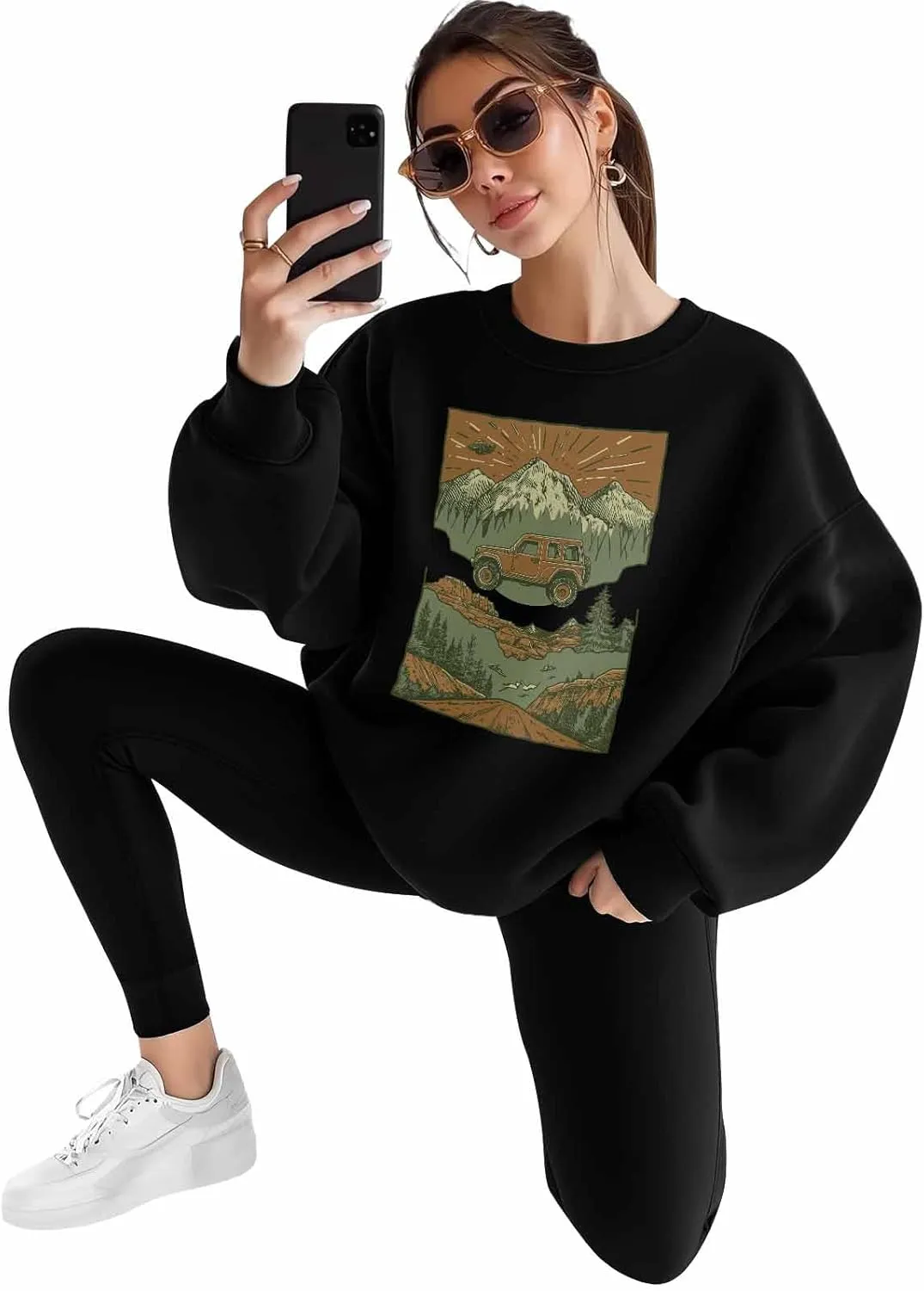 Sweatshirt for Women Forest Off-road Retro Car Graphic Womens Sweatshirt Crewneck Long Sleeve Pullover Clothes