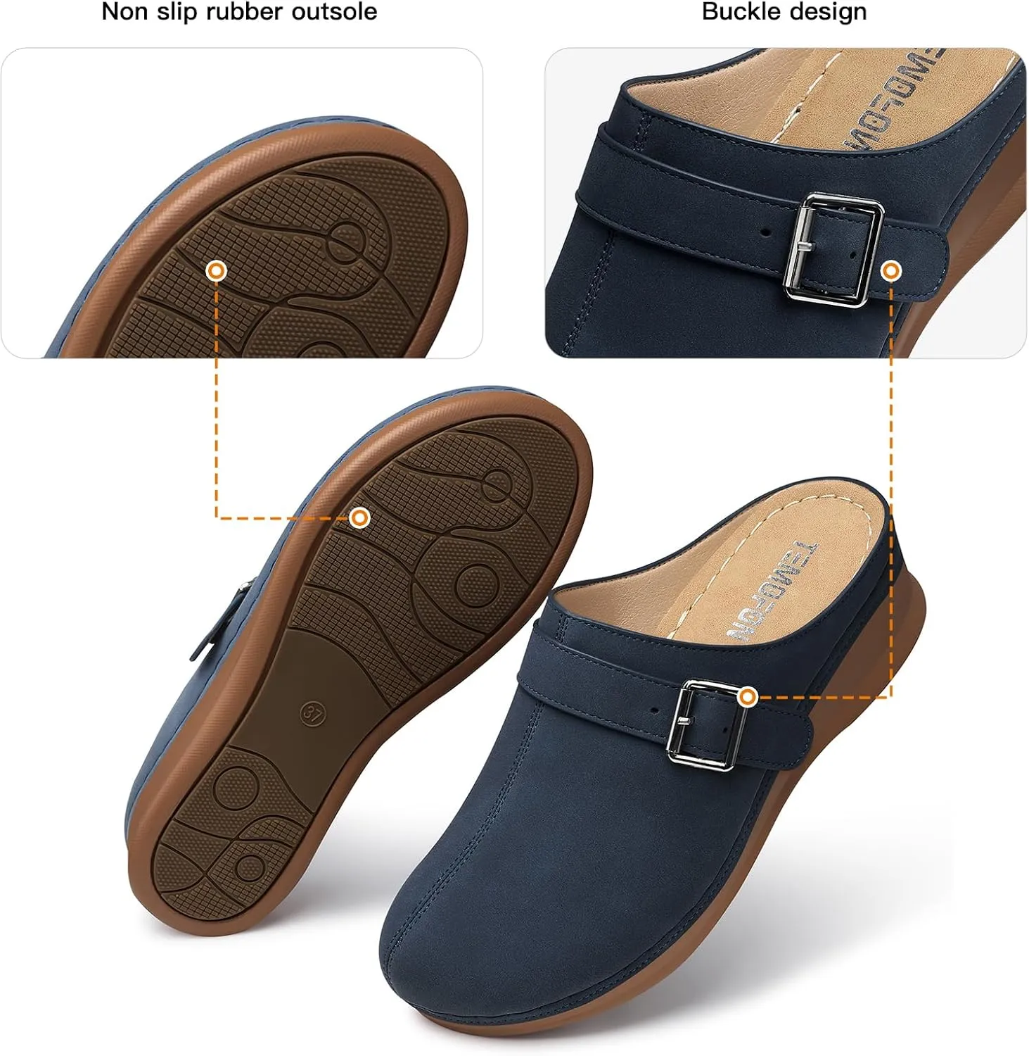 TEMOFON Clogs for Women Slip on Mules: Walking Comfortable, Non Slip, Closed Toe Sandals, Casual Summer Shoes Black Navy Brown Size 5-11