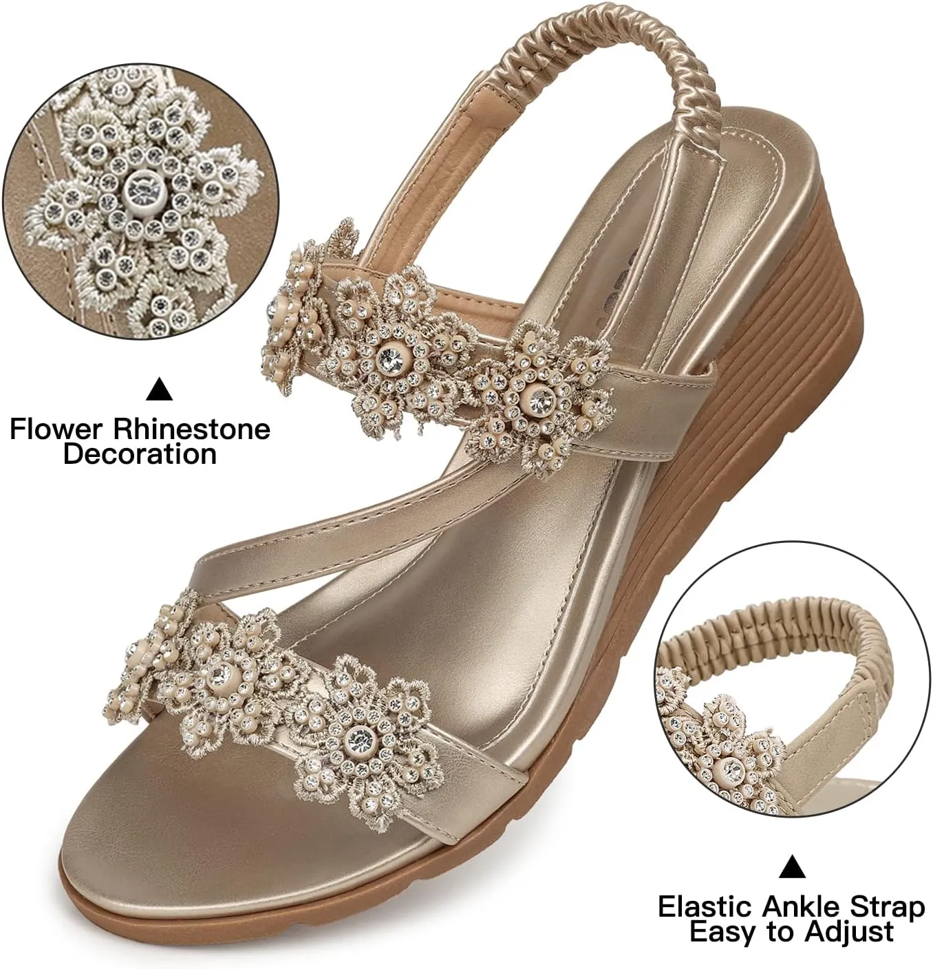 TEMOFON Wedge Sandals for Women Dressy: Summer Open Toe Elastic Ankle Strap - Comfortable Bohemian Low Wedge Sandals