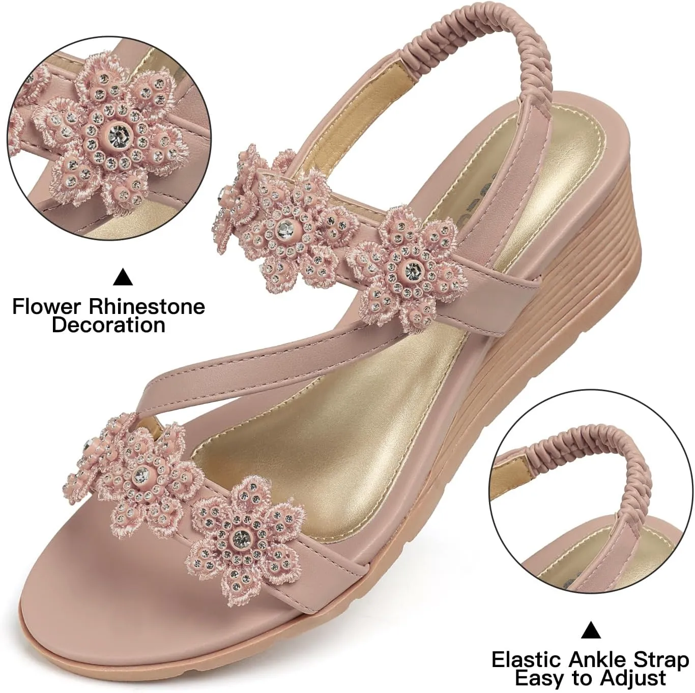 TEMOFON Wedge Sandals for Women Dressy: Summer Open Toe Elastic Ankle Strap - Comfortable Bohemian Low Wedge Sandals