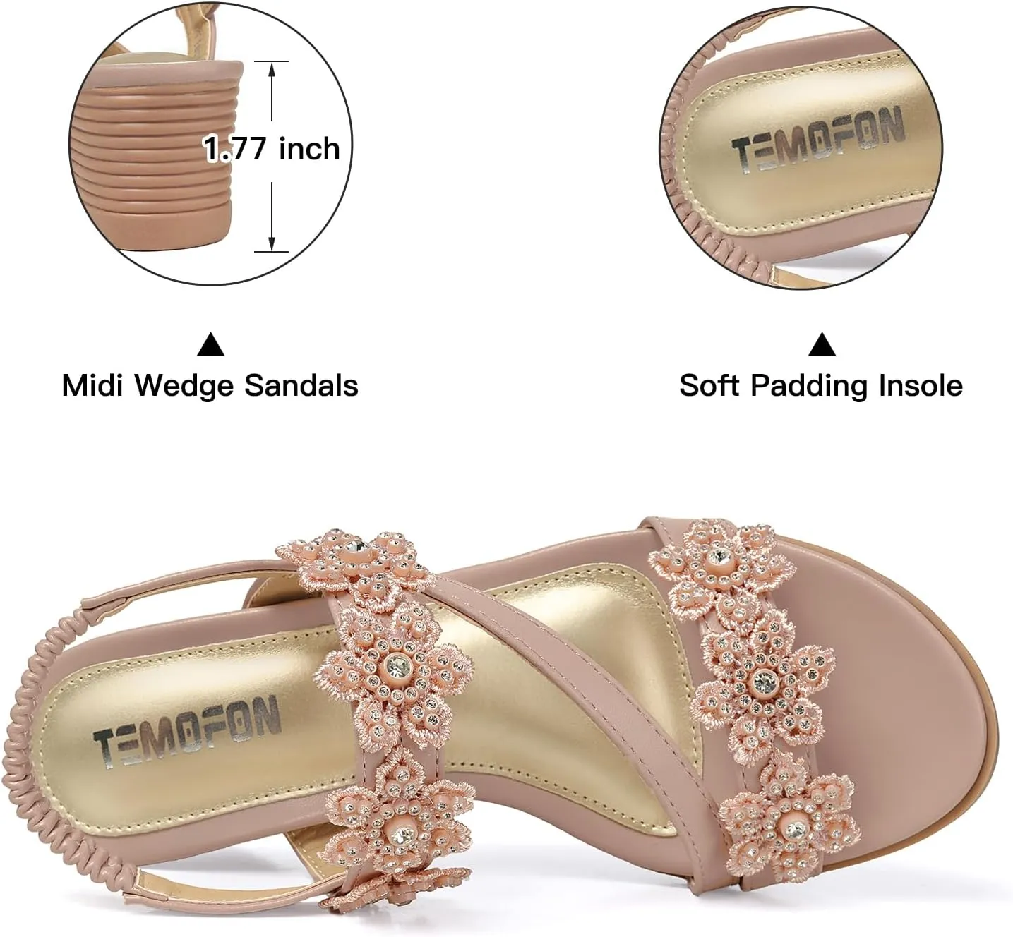 TEMOFON Wedge Sandals for Women Dressy: Summer Open Toe Elastic Ankle Strap - Comfortable Bohemian Low Wedge Sandals