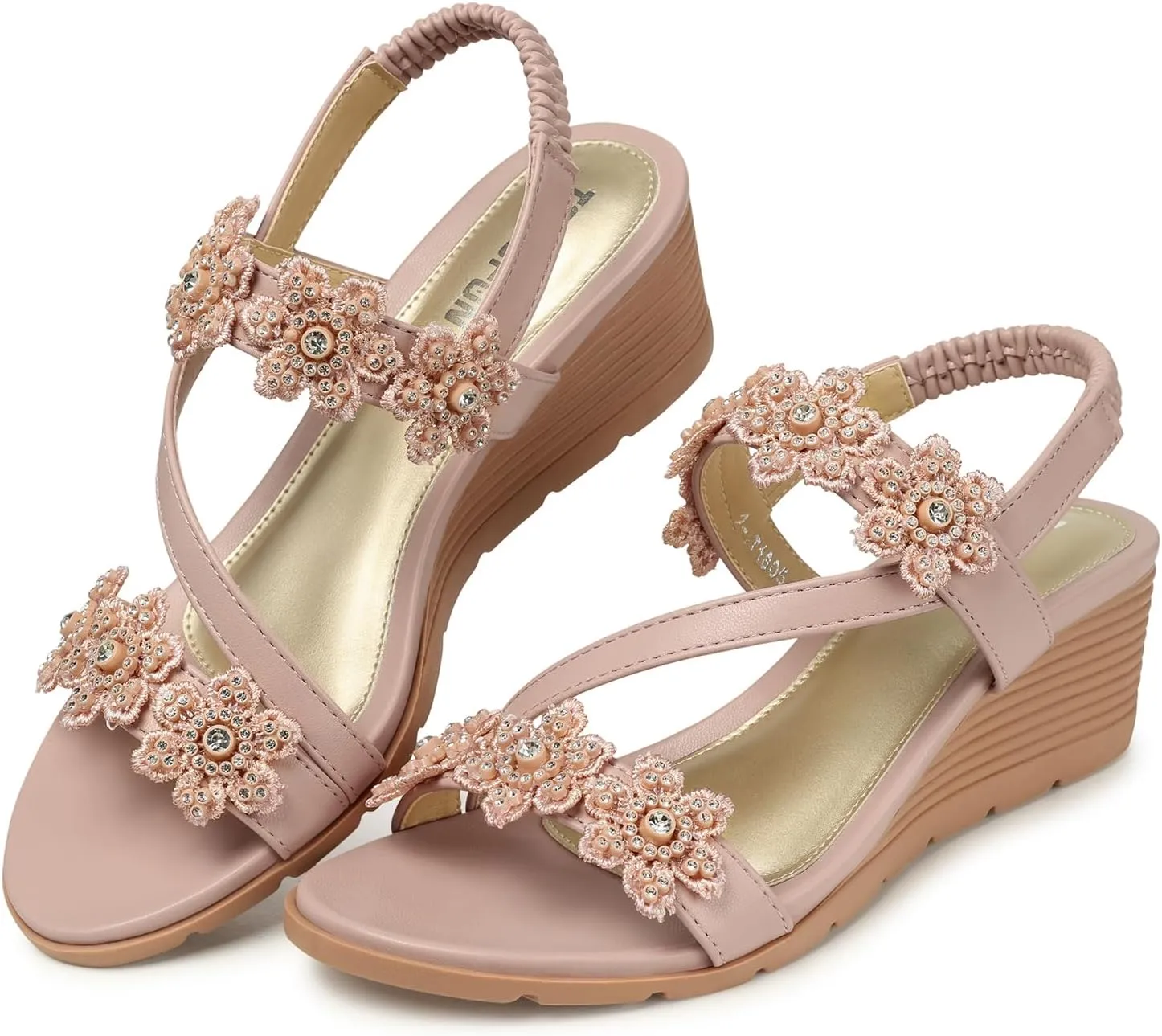 TEMOFON Wedge Sandals for Women Dressy: Summer Open Toe Elastic Ankle Strap - Comfortable Bohemian Low Wedge Sandals