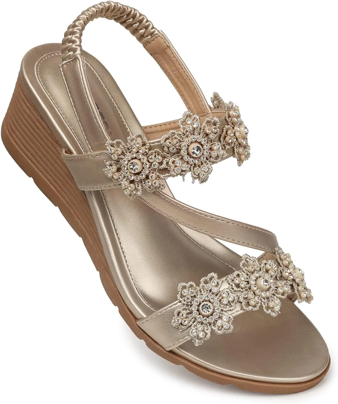 TEMOFON Wedge Sandals for Women Dressy: Summer Open Toe Elastic Ankle Strap - Comfortable Bohemian Low Wedge Sandals