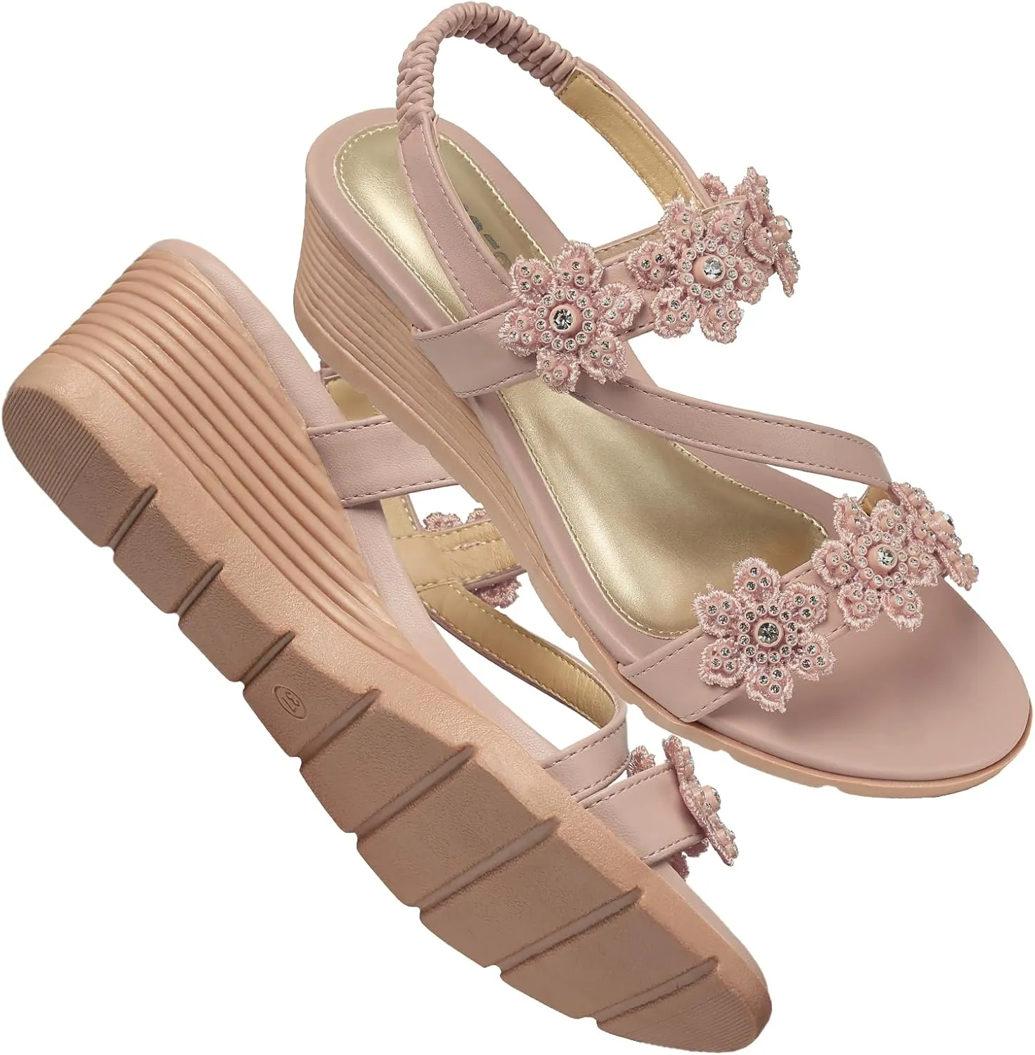 TEMOFON Wedge Sandals for Women Dressy: Summer Open Toe Elastic Ankle Strap - Comfortable Bohemian Low Wedge Sandals