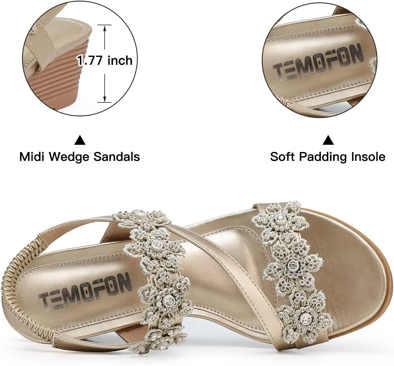 TEMOFON Wedge Sandals for Women Dressy: Summer Open Toe Elastic Ankle Strap - Comfortable Bohemian Low Wedge Sandals