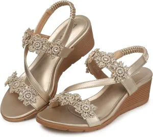 TEMOFON Wedge Sandals for Women Dressy: Summer Open Toe Elastic Ankle Strap - Comfortable Bohemian Low Wedge Sandals
