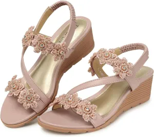 TEMOFON Wedge Sandals for Women Dressy: Summer Open Toe Elastic Ankle Strap - Comfortable Bohemian Low Wedge Sandals
