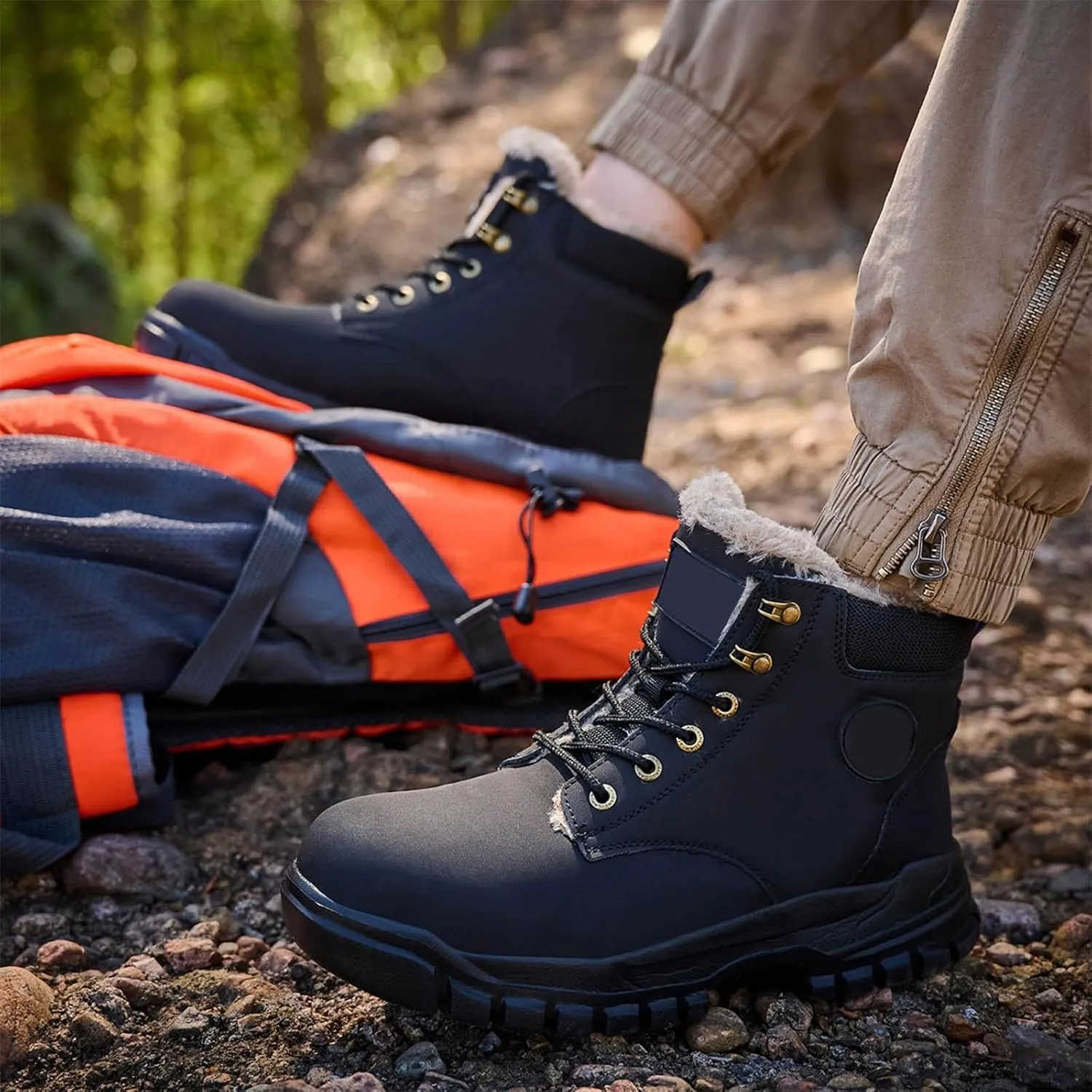 Thick Bottom Non Slip Boots for Men Fleece Lined Warm Ankle Boots Lace Up Non Slip Winter Cold Weather Hiking Boots Men