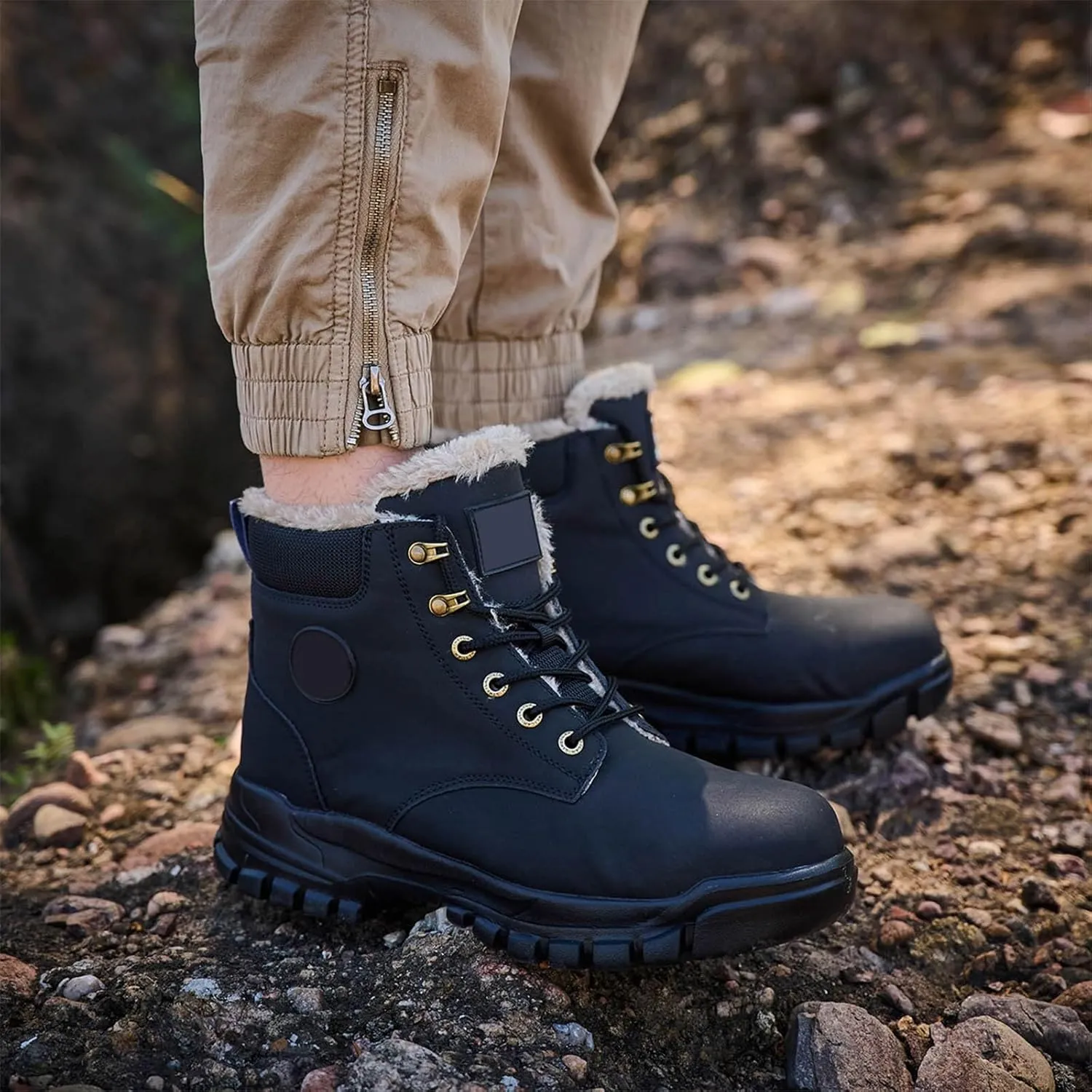 Thick Bottom Non Slip Boots for Men Fleece Lined Warm Ankle Boots Lace Up Non Slip Winter Cold Weather Hiking Boots Men