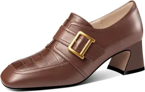 TinaCus Genuine Leather Square Toe Handmade Zipper with Buckle Low Chunky Heels Women's Loafers Shoes