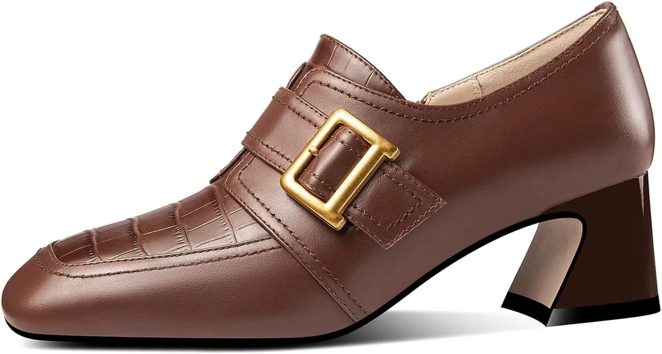 TinaCus Genuine Leather Square Toe Handmade Zipper with Buckle Low Chunky Heels Women's Loafers Shoes