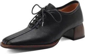 TinaCus Square Toe Genuine Leather Handmade Low Chunky Heels Women's Selftie Oxfords Shoes