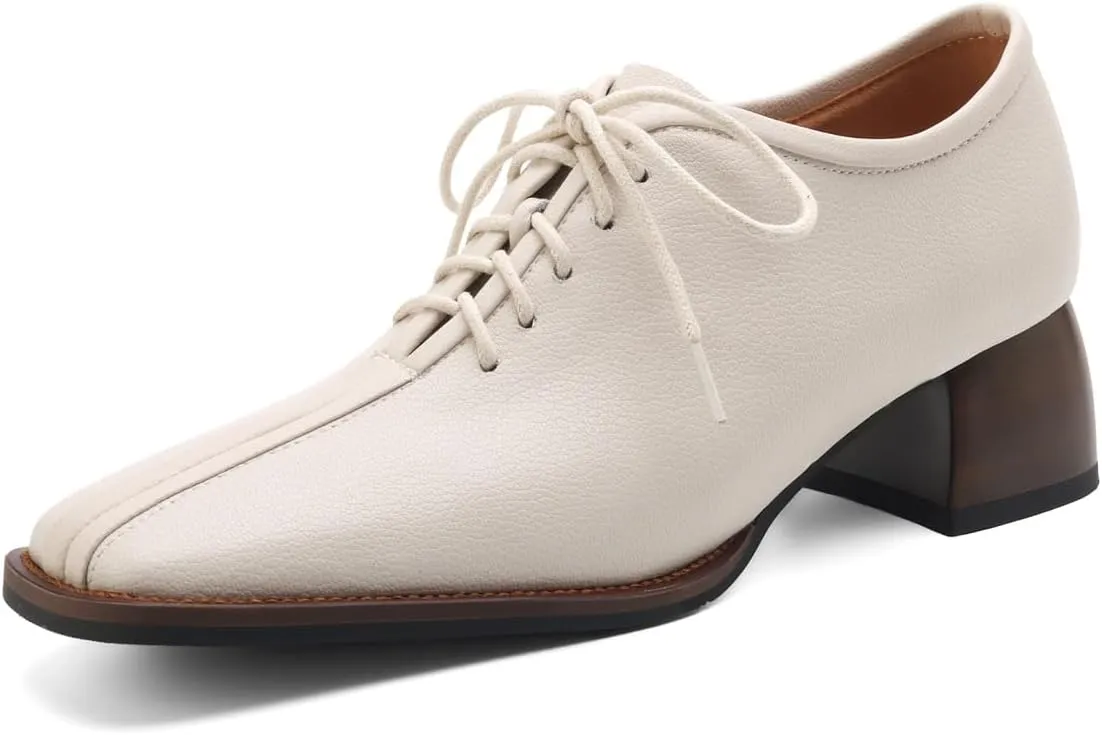 TinaCus Square Toe Genuine Leather Handmade Low Chunky Heels Women's Selftie Oxfords Shoes