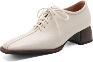 TinaCus Square Toe Genuine Leather Handmade Low Chunky Heels Women's Selftie Oxfords Shoes