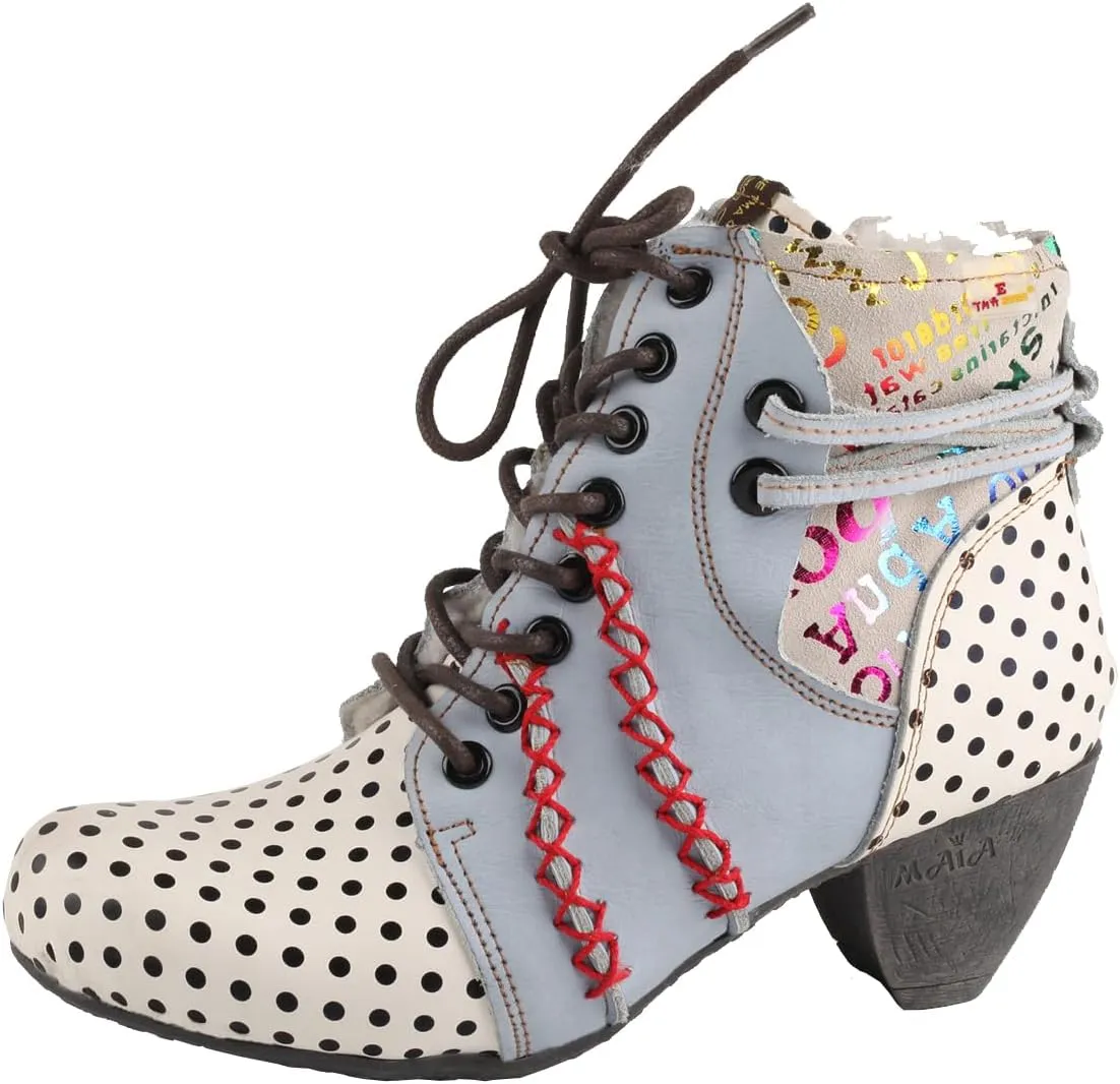 TMA EYES Women's Leather Ankle Boots with Low heel Polka dot pattern and Faux Fur Lining