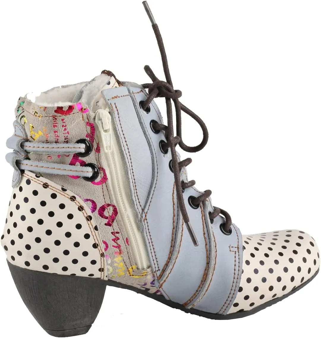 TMA EYES Women's Leather Ankle Boots with Low heel Polka dot pattern and Faux Fur Lining