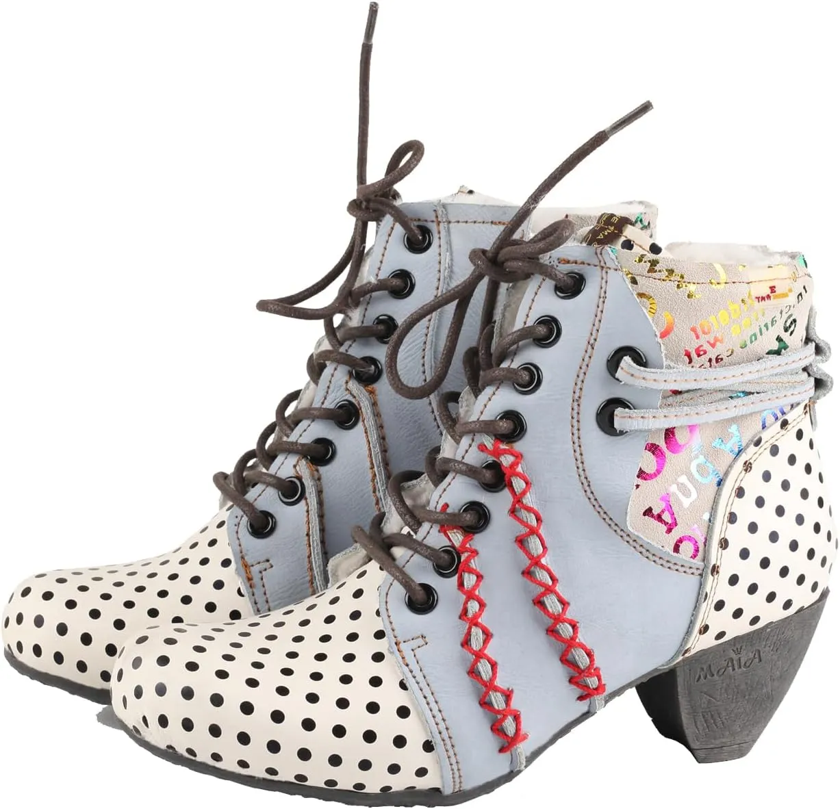 TMA EYES Women's Leather Ankle Boots with Low heel Polka dot pattern and Faux Fur Lining