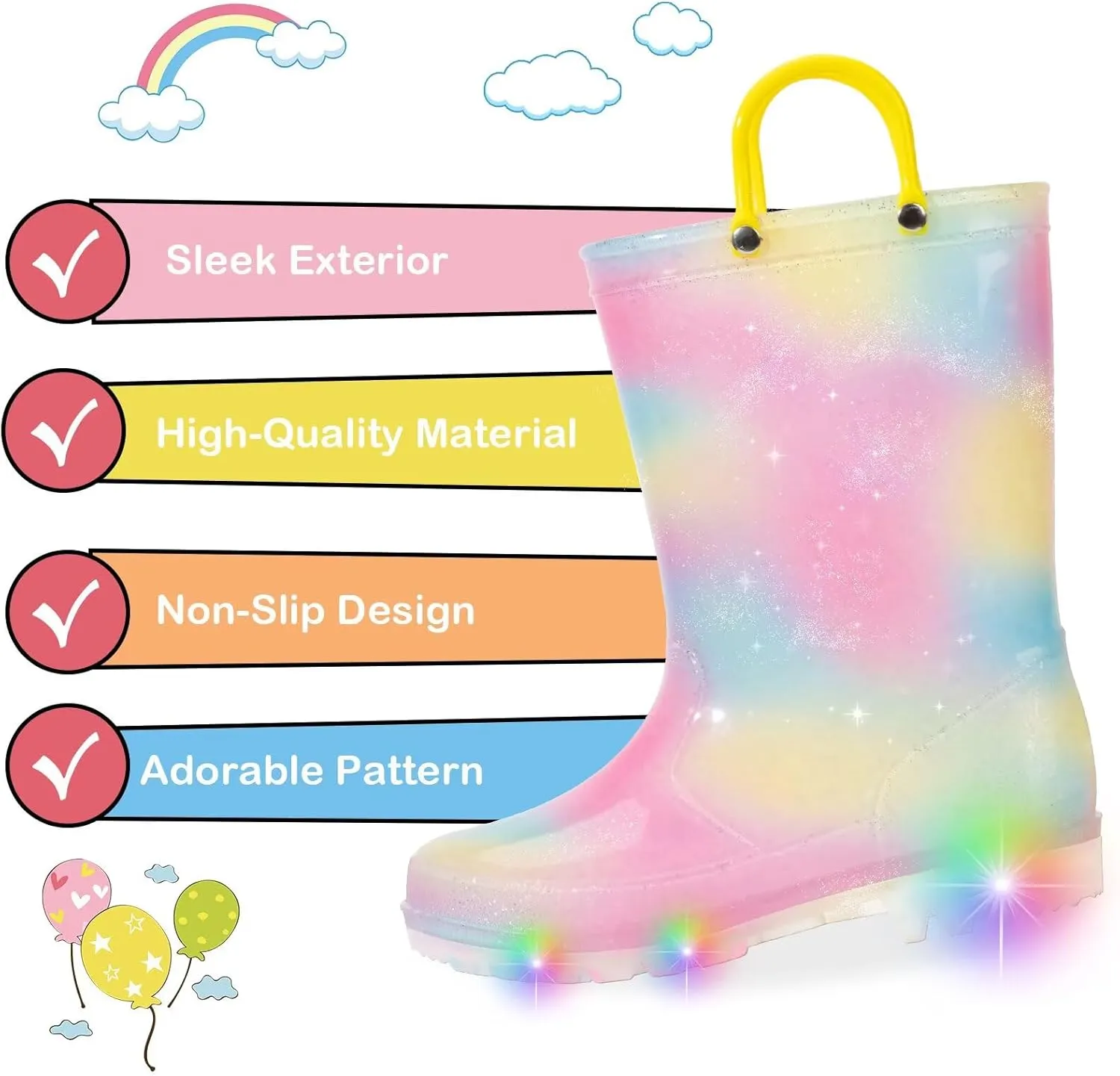 Toddler Kids Rain Boots Boys Girls Light Up Waterproof Boot with Handles