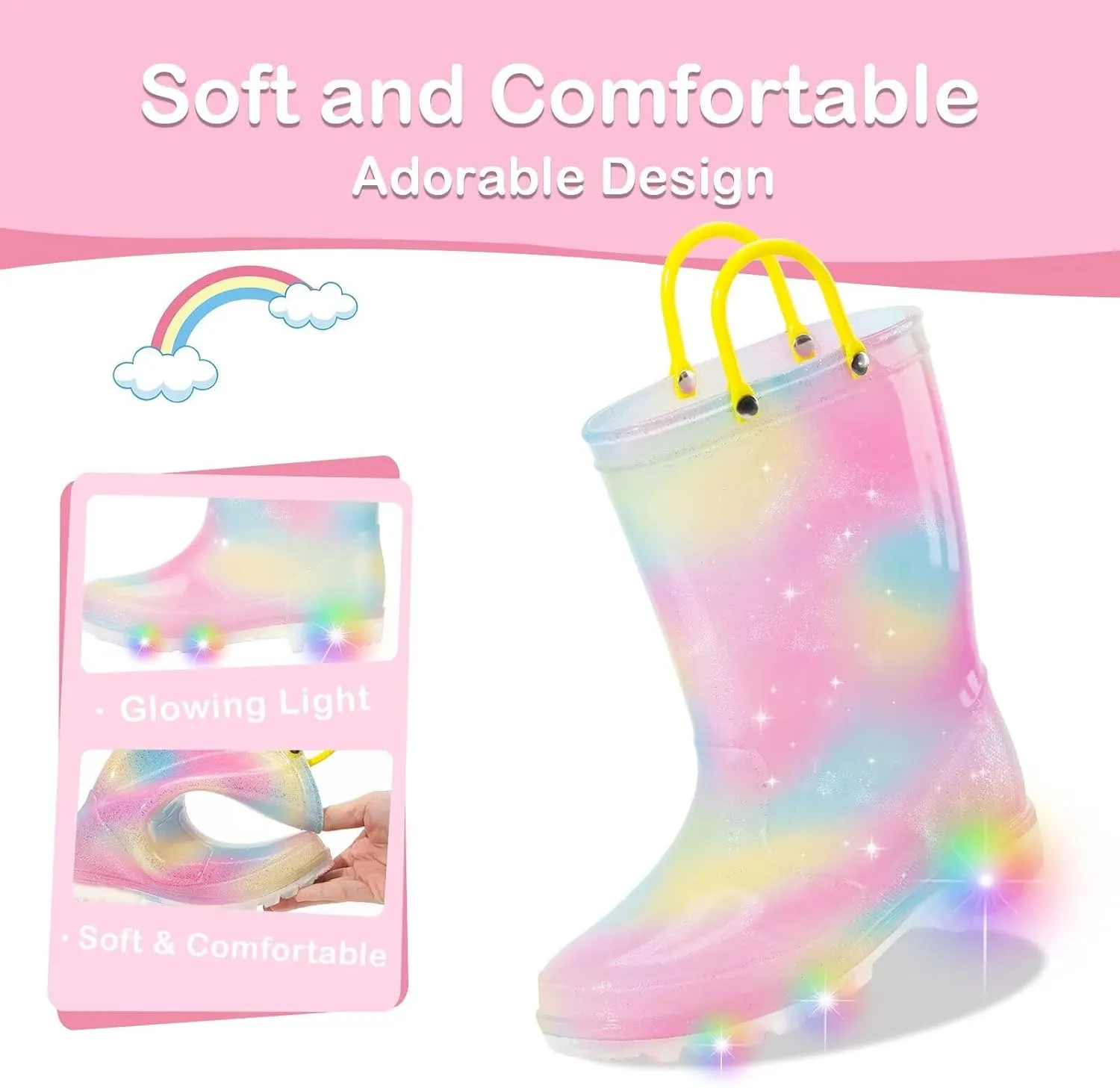 Toddler Kids Rain Boots Boys Girls Light Up Waterproof Boot with Handles