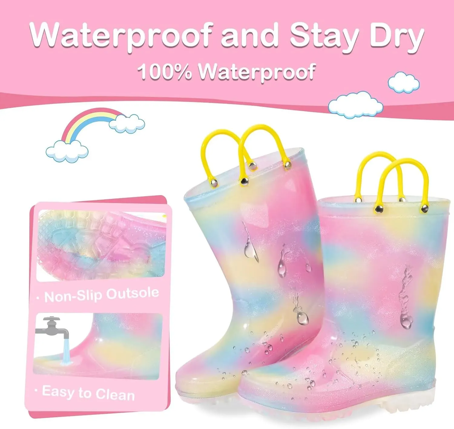 Toddler Kids Rain Boots Boys Girls Light Up Waterproof Boot with Handles