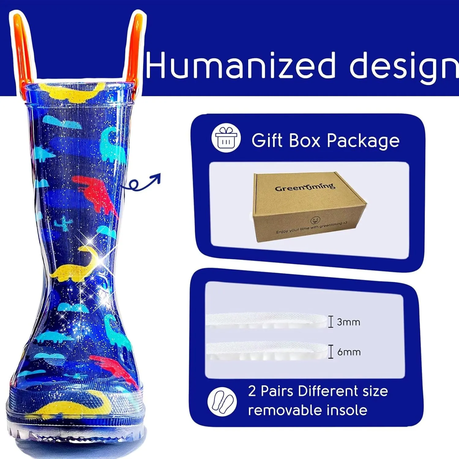 Toddler Rain Boots for Girls Boys, Kids Rain Boots Light Up Glitter Boot Waterproof Shoes with Easy on Handles