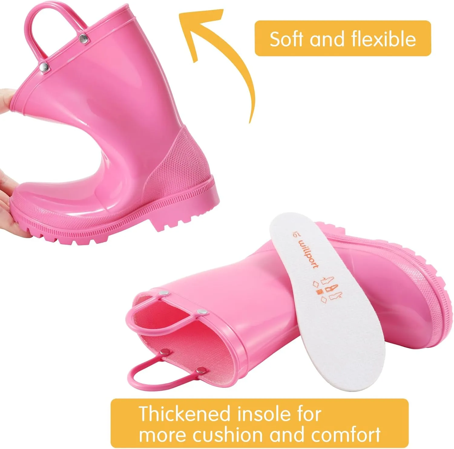 Toddler Rain Boots,Waterproof Kids Rain Boots with Easy-on Handles for Boys and Girls