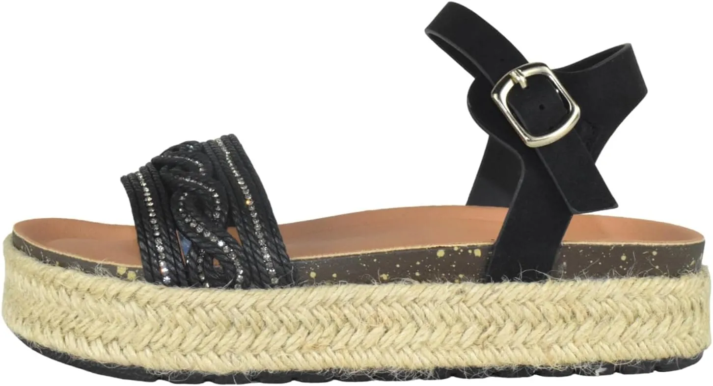 TOP Moda Shoes Women Platform Espadrille Sandals Ankle Strap Flat Footbed Buckle up Bling Rhinestone Athens-1