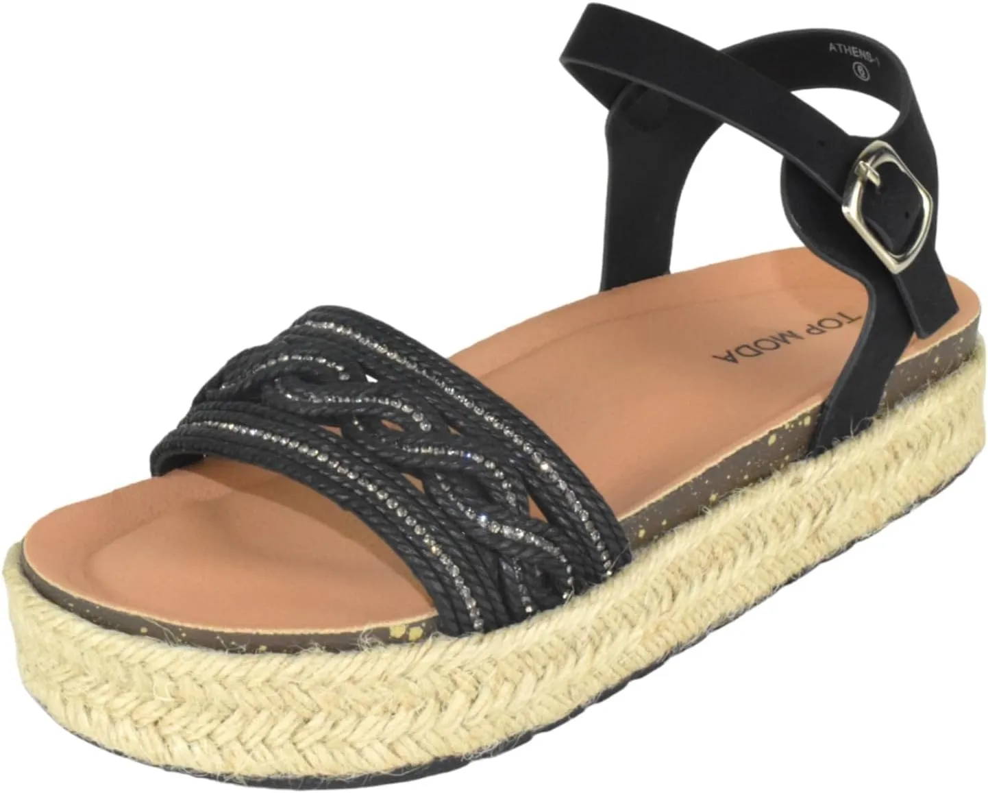 TOP Moda Shoes Women Platform Espadrille Sandals Ankle Strap Flat Footbed Buckle up Bling Rhinestone Athens-1