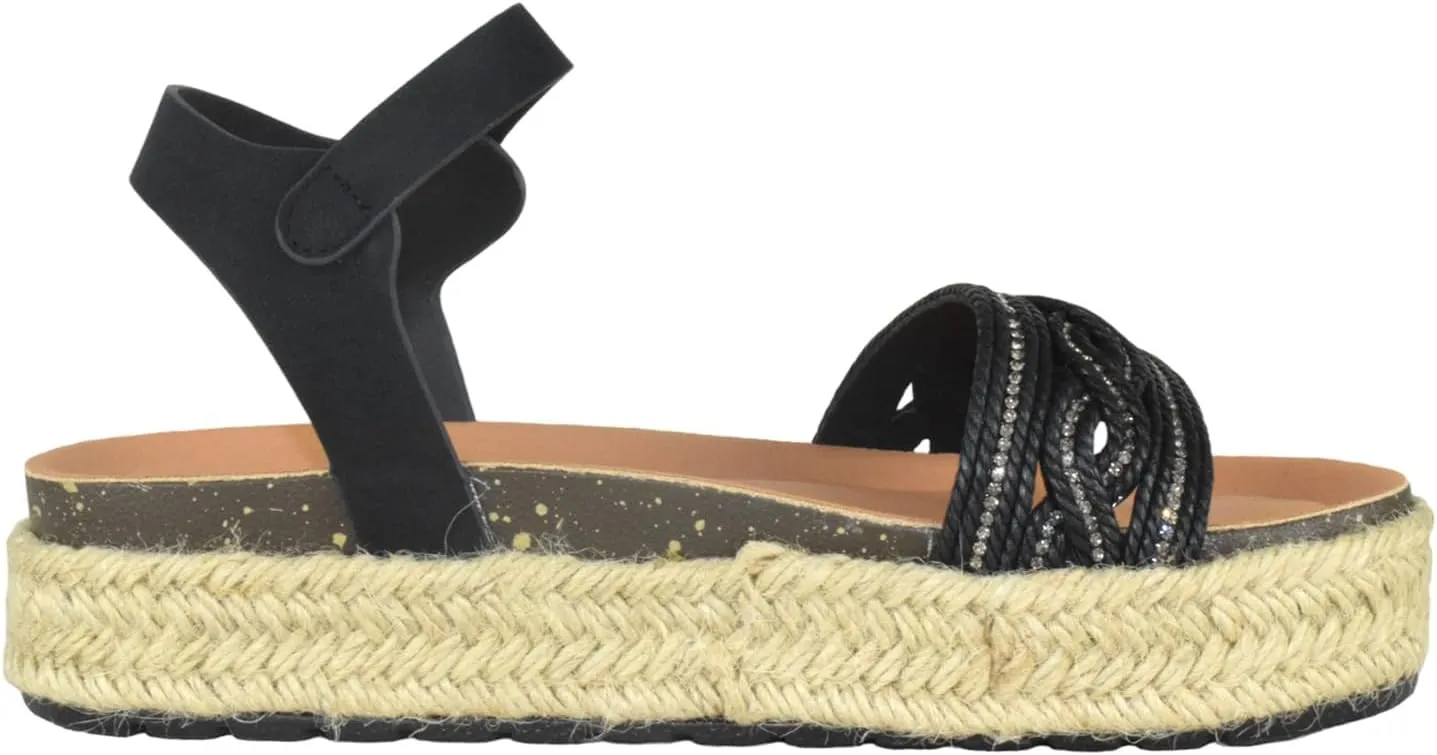 TOP Moda Shoes Women Platform Espadrille Sandals Ankle Strap Flat Footbed Buckle up Bling Rhinestone Athens-1