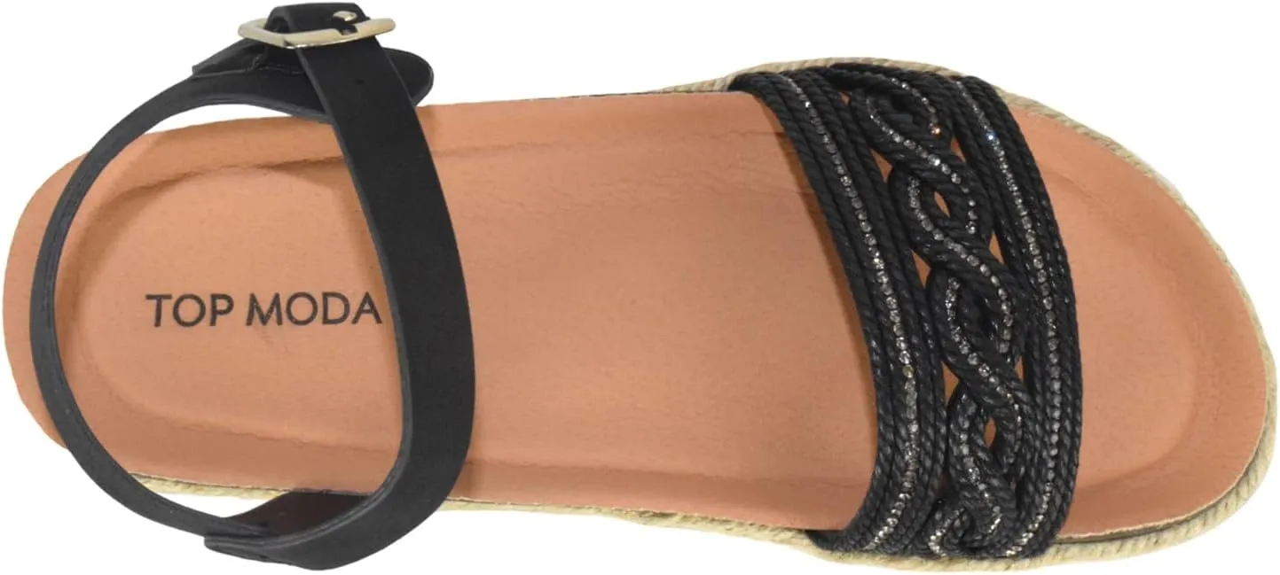 TOP Moda Shoes Women Platform Espadrille Sandals Ankle Strap Flat Footbed Buckle up Bling Rhinestone Athens-1